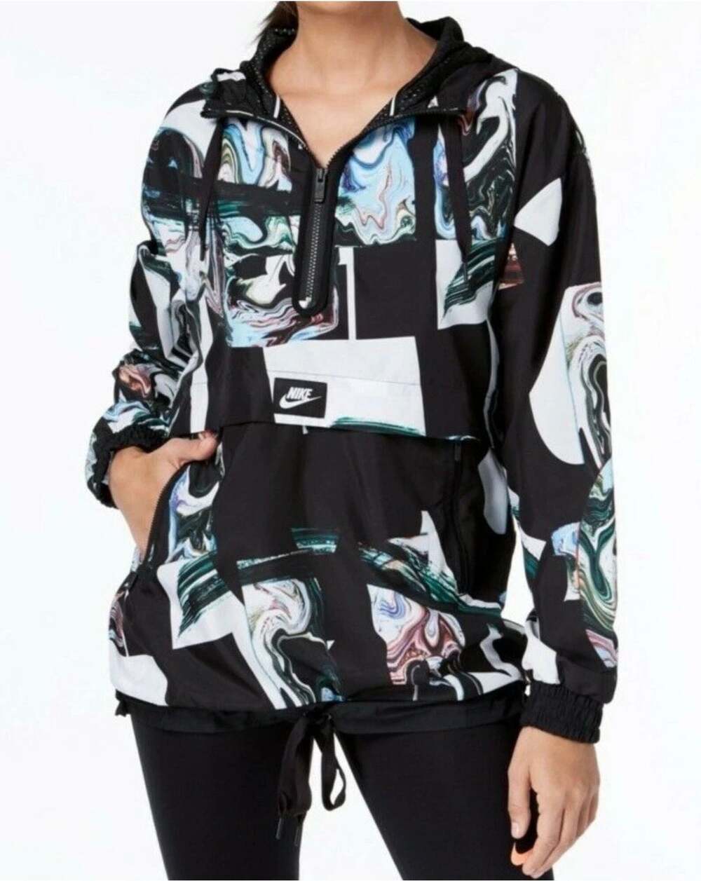 Nike Women's Black/Multi Marble-Print Half-Zip Hooded JacketWindbreaker - XS